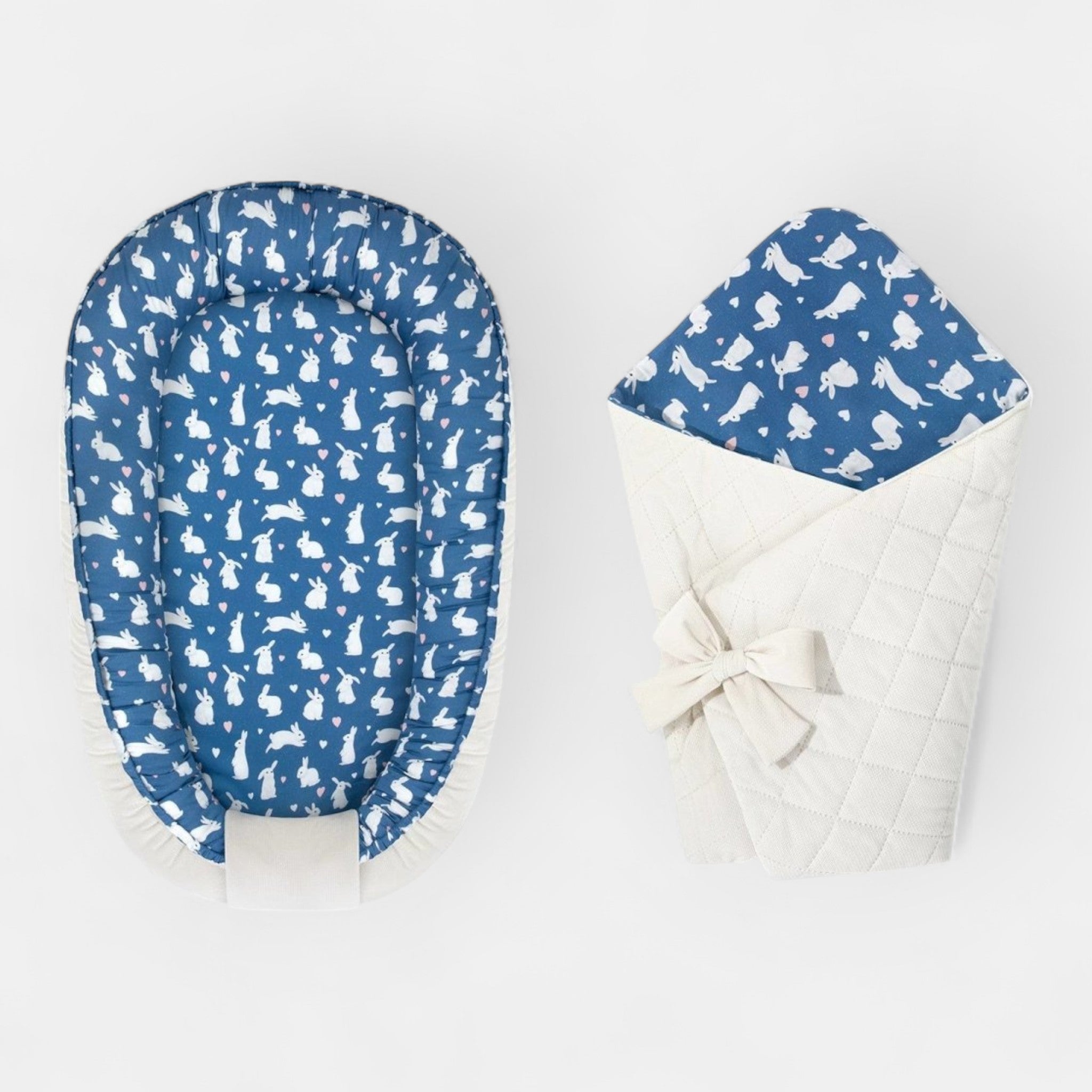 Nid et couverture pour bébé - ensemble de 2 éléments Lapins Beige et Bleu marine